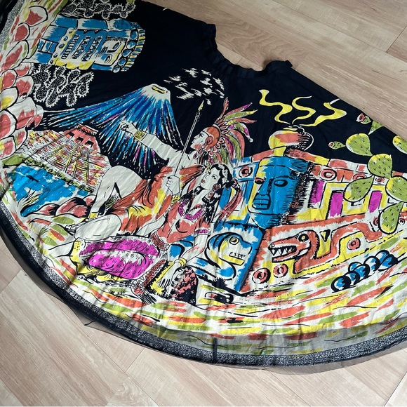 Funky People vintage aztec Mayan ruins volcano Indian graphic flared midi skirt - Picture 13 of 14